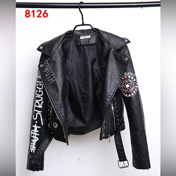 NWOT Black faux leather graffiti studded jacket - Picture 9 of 16